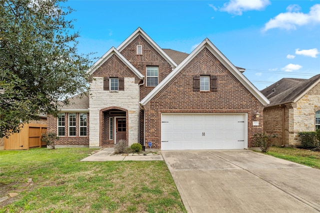 view of front of property with a garage and a front lawn