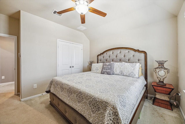 bedroom featuring baseboards, visible vents, light colored carpet, lofted ceiling, and ceiling fan