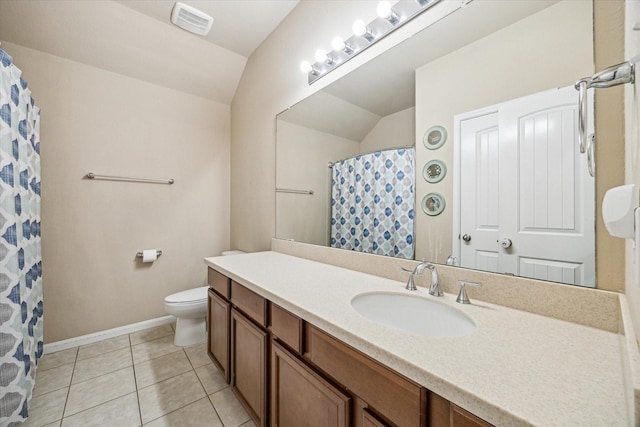 bathroom featuring visible vents, toilet, tile patterned flooring, vaulted ceiling, and vanity