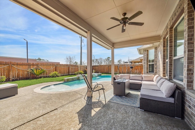 view of patio / terrace featuring a fenced in pool, a fenced backyard, an outdoor living space, and a ceiling fan