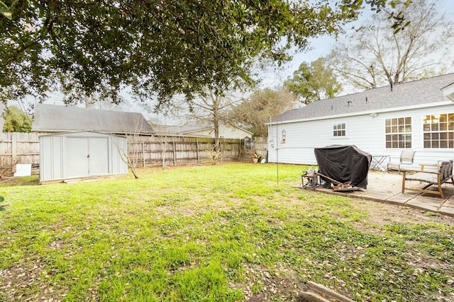 view of yard with a patio and a storage shed