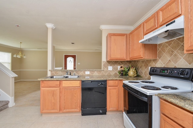 kitchen with dishwasher, backsplash, range with electric stovetop, light stone countertops, and light tile patterned flooring