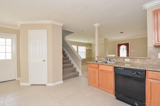 kitchen featuring sink, crown molding, dishwasher, tasteful backsplash, and light stone counters