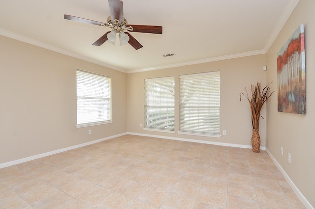 unfurnished room featuring ornamental molding and ceiling fan