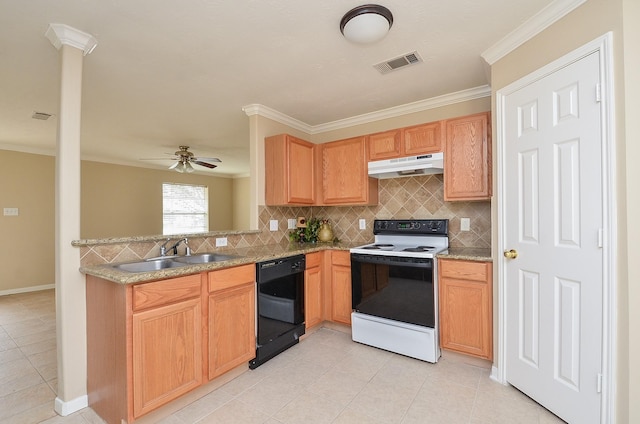 kitchen with range with electric stovetop, dishwasher, sink, decorative backsplash, and ornamental molding