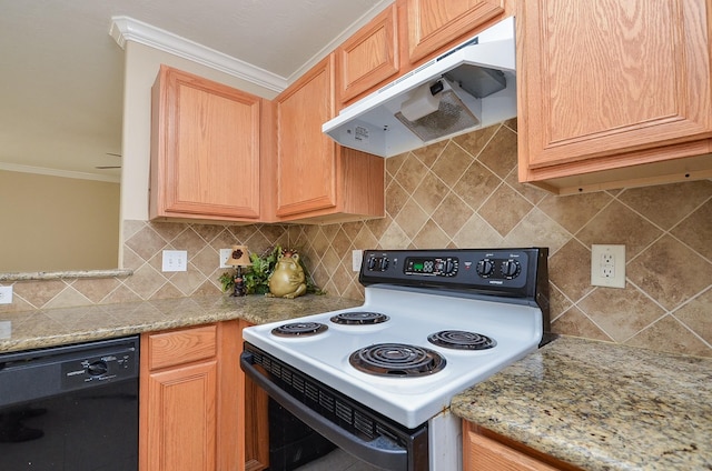 kitchen with electric range oven, tasteful backsplash, dishwasher, ornamental molding, and light stone counters