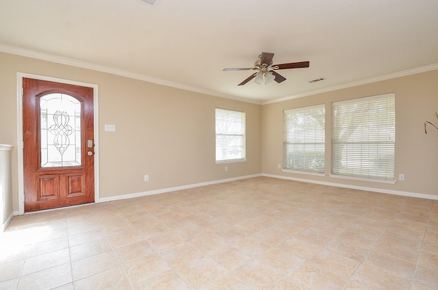 foyer featuring crown molding and ceiling fan