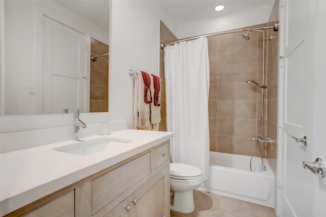 bathroom featuring shower / tub combo, tile patterned flooring, vanity, and toilet