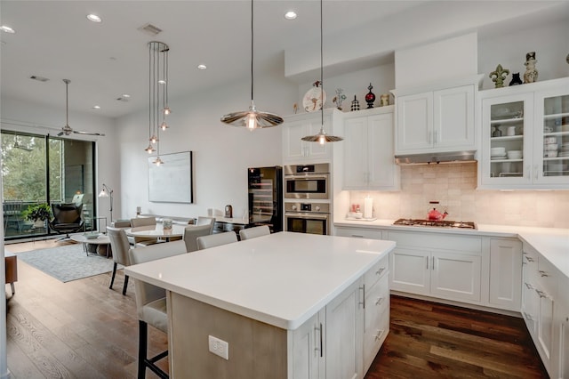 kitchen featuring under cabinet range hood, stainless steel appliances, dark wood-style flooring, white cabinetry, and tasteful backsplash