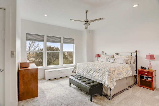 bedroom featuring carpet, ceiling fan, and recessed lighting