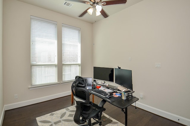 office area featuring dark hardwood / wood-style floors and ceiling fan