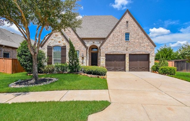 view of front facade with a garage and a front lawn