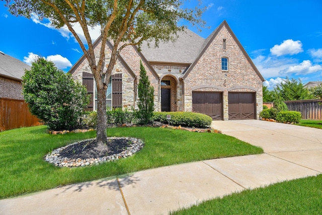 tudor house with a garage and a front lawn