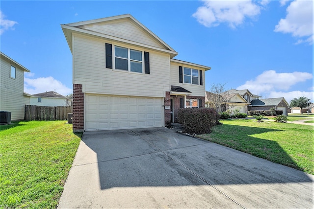 traditional home featuring driveway, brick siding, a front lawn, and fence