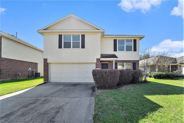 traditional home with driveway, brick siding, a front yard, and central air condition unit