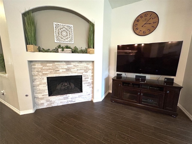 living room featuring a stone fireplace and dark hardwood / wood-style floors