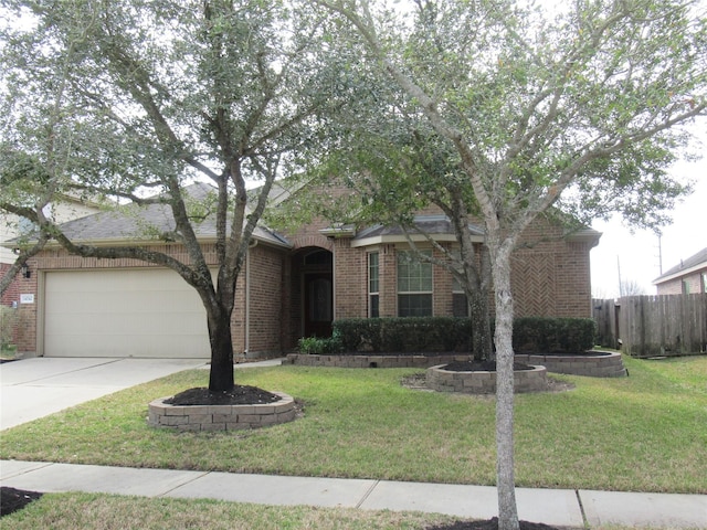 ranch-style house featuring a garage and a front lawn