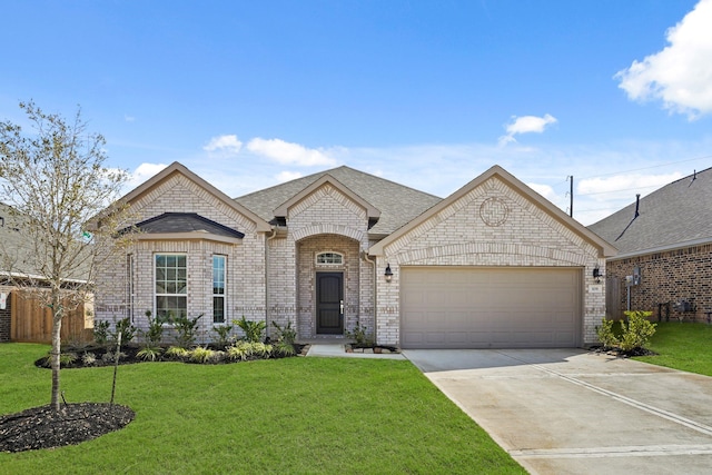 french country style house with a garage and a front yard