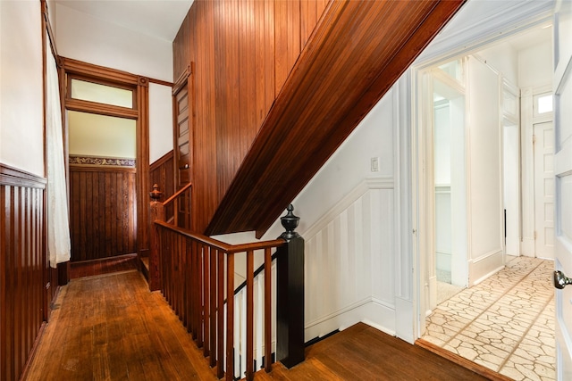 1428 Ball, Galveston, TX 77550 - hallway featuring a decorative wall, wainscoting, and dark wood-style flooring