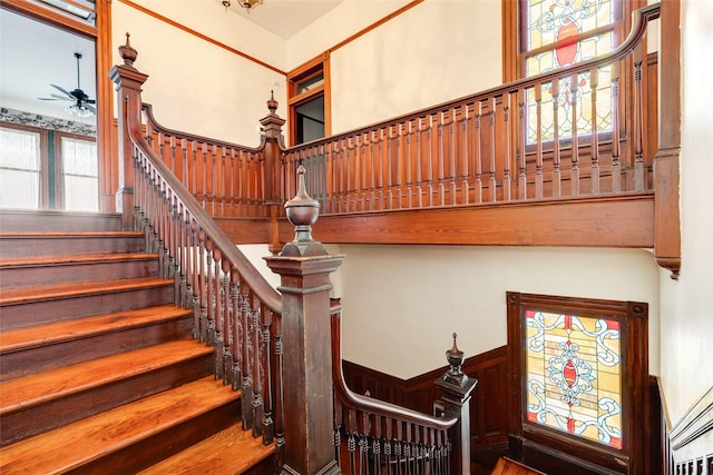 1428 Ball, Galveston, TX 77550 - stairs featuring ceiling fan and healthy amount of natural light