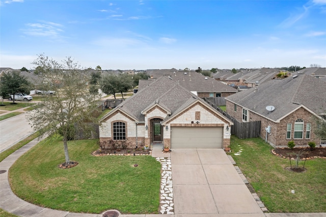 french country home with a shingled roof, a residential view, brick siding, and a front yard