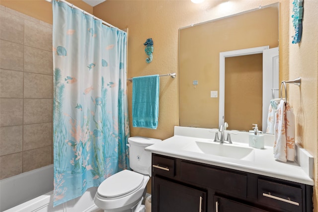 full bathroom featuring a textured wall, toilet, shower / bathtub combination with curtain, and vanity