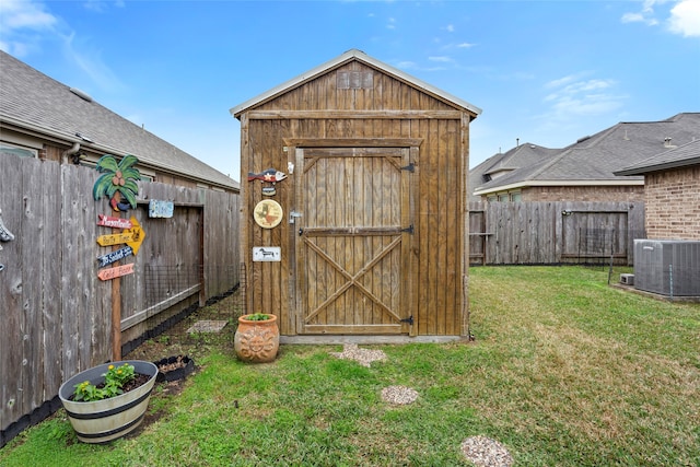 view of shed featuring a fenced backyard and central air condition unit