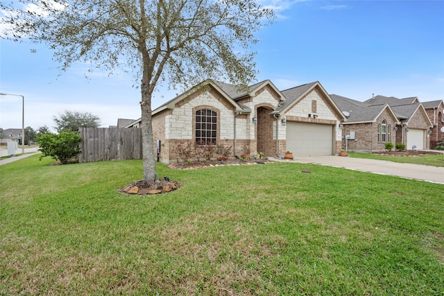 french country inspired facade with a garage, brick siding, fence, concrete driveway, and a front yard