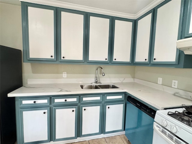 kitchen with sink, light tile patterned floors, light stone counters, black fridge, and stainless steel dishwasher