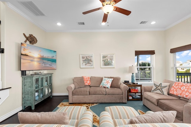 11446 Sea Butterfly, Galveston, TX 77554 - living area with crown molding, recessed lighting, a ceiling fan, baseboards, and wood finished floors