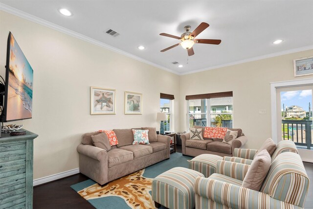 11446 Sea Butterfly, Galveston, TX 77554 - living room with recessed lighting, a ceiling fan, ornamental molding, wood finished floors, and baseboards