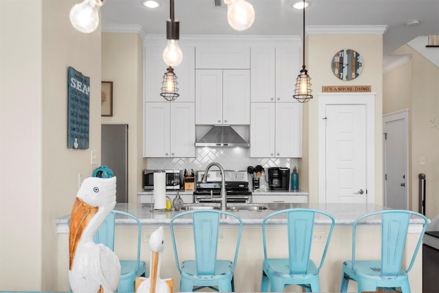 11446 Sea Butterfly, Galveston, TX 77554 - kitchen featuring under cabinet range hood, tasteful backsplash, a sink, crown molding, and white cabinetry