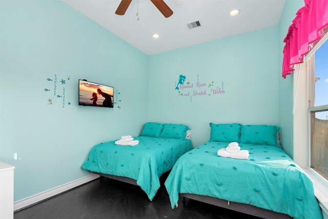 11446 Sea Butterfly, Galveston, TX 77554 - bedroom with wood finished floors, baseboards, recessed lighting, and ceiling fan
