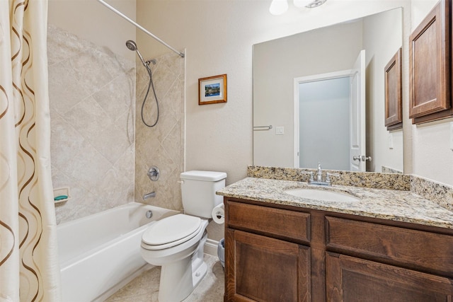 full bathroom featuring vanity, shower / bath combination with curtain, tile patterned floors, and toilet