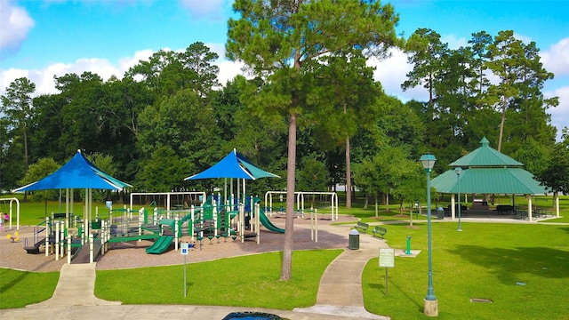 view of play area featuring a yard and a gazebo