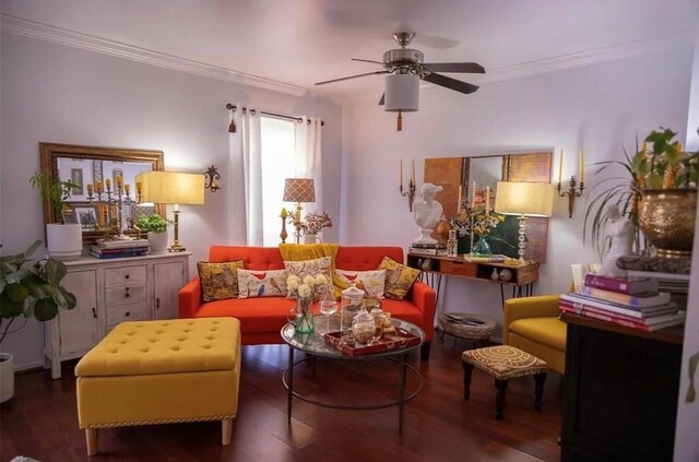 sitting room with hardwood / wood-style flooring, ceiling fan, and crown molding