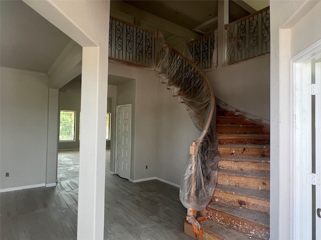 286 Peninsula Point Dr, Montgomery, TX 77356 - stairway with crown molding and wood finished floors