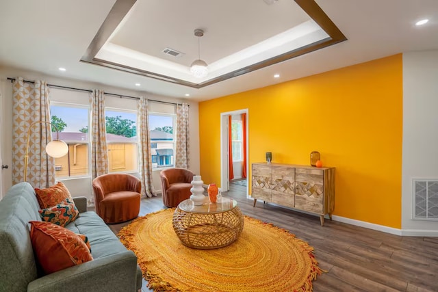 living room with hardwood / wood-style flooring and a raised ceiling