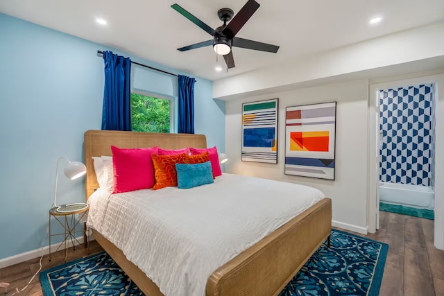 bedroom featuring hardwood / wood-style flooring and ceiling fan