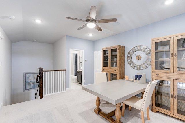 dining room with light carpet, a ceiling fan, and recessed lighting