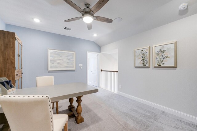 carpeted office space with recessed lighting, visible vents, a ceiling fan, and baseboards