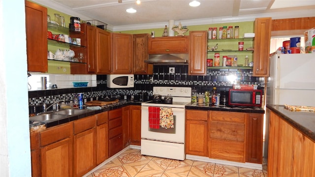 kitchen featuring ventilation hood, tasteful backsplash, sink, ornamental molding, and white appliances