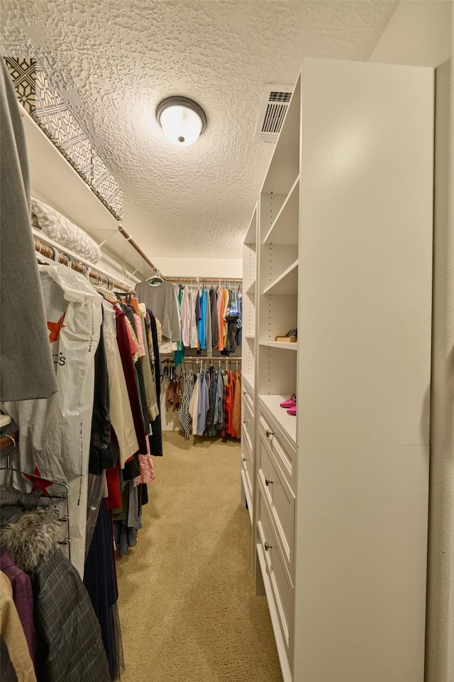 walk in closet with light colored carpet