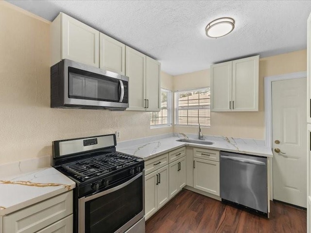 kitchen featuring sink, light stone countertops, dark hardwood / wood-style floors, and appliances with stainless steel finishes