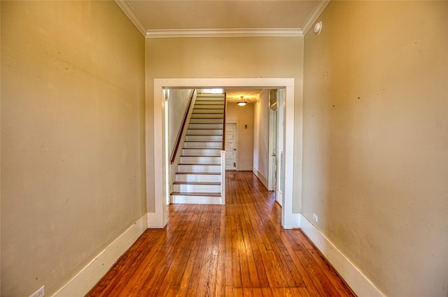 hallway with wood-type flooring and ornamental molding