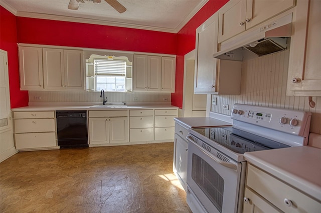 kitchen with sink, ceiling fan, dishwasher, white electric range oven, and a textured ceiling