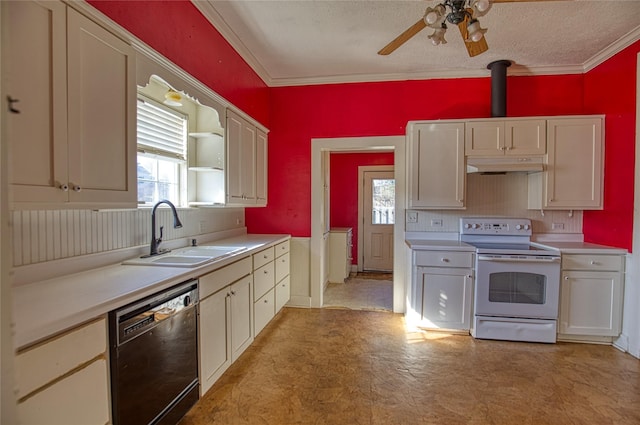 kitchen featuring white cabinetry, dishwasher, sink, white electric range oven, and crown molding