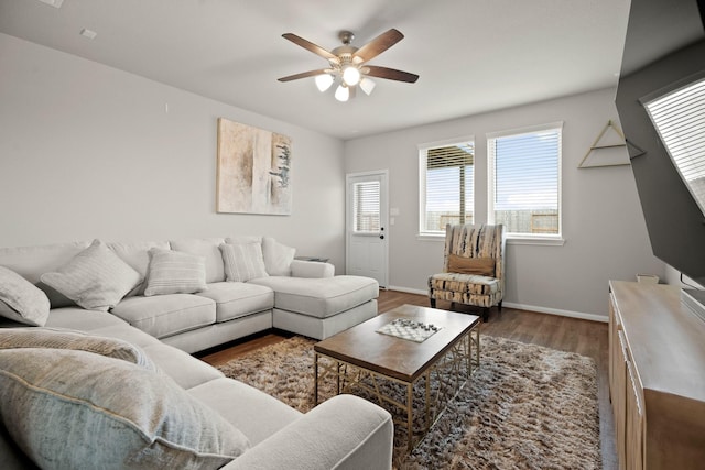 living room featuring ceiling fan and hardwood / wood-style floors