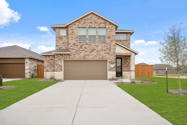 front facade with a garage and a front lawn