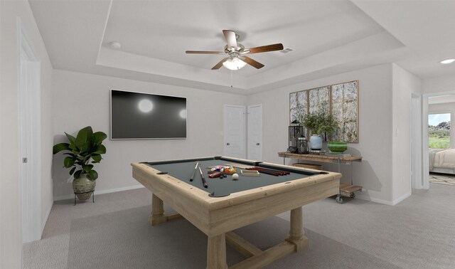290 Peninsula Point Dr, Montgomery, TX 77356 - game room with a raised ceiling, light colored carpet, a ceiling fan, and billiards table